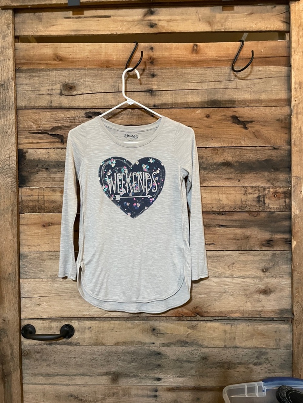 Mudd Light Gray Long Sleeve Tee with Navy Floral Heart "WEEKENDS"